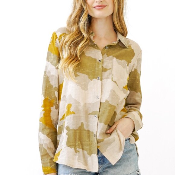 MYSTREE Camo Button Down Shirt, Neutral Olive Beige Lightweight Top, Oversized - Picture 1 of 6